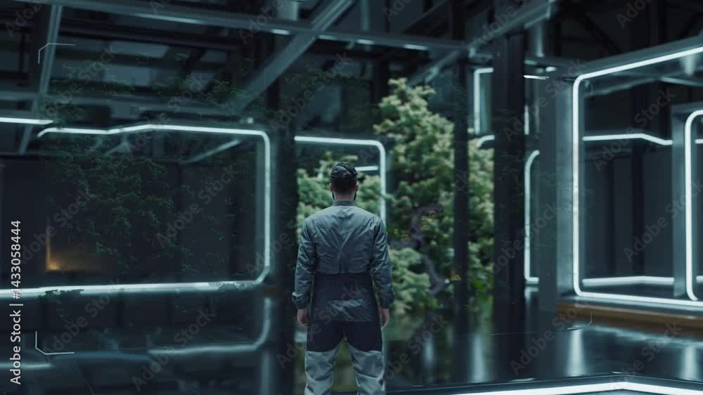 Poster virtual reality garden exploration in a futuristic setting during the day