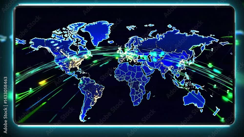 Aufkleber global connectivity and digital networks visualized through illuminated map display showcasing major
