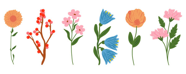 Floral set. Vector flat minimalistic illustration of flowers and leaves in flat style. Retro vintage style, hand drawn decorative elements. 60s, 70s, flower icon, pastel colors, childish cute decor.