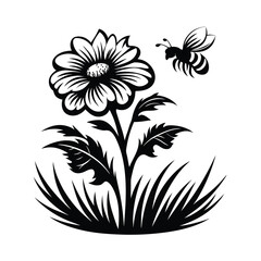 Black and White Flower with Bee, Blossom Design, Floral Illustration, Nature Art