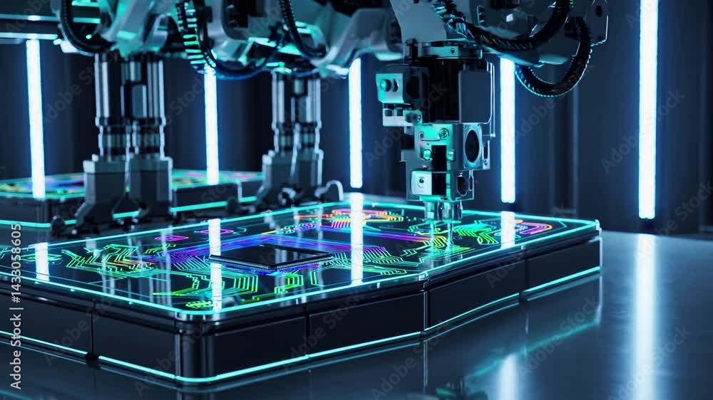 Poster advanced robotic arm operates on intricate circuit board design in modern manufacturing facility set