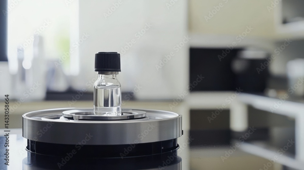 Poster clear liquid in vial on modern laboratory rotating platform