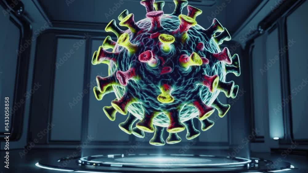 Aufkleber 3D model showcasing a virus structure with vibrant colors in a futuristic lab environment