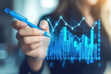 Digital pen sketching business growth chart with arrow