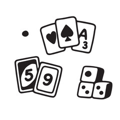 Hand Drawn Black and White Kids Playing Board Game and Card Icons