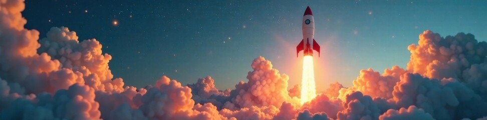 Vertical rocket blasting off into the sky with financial chart in hand , finance, business, success