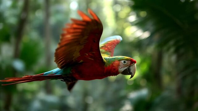 Parrot flying in the forest, scarlet macaw parrot