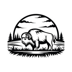 Black & White Buffalo Silhouette Nature with Trees and Sky Outline