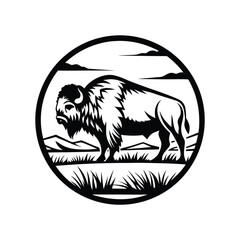 Monochrome Buffalo Silhouette Inside Circle With Mountains, Sky, And Grass Design