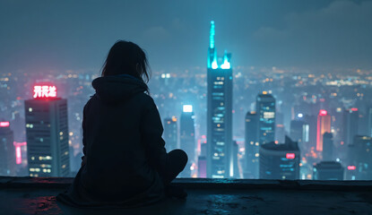 Moody Rooftop View of Futuristic Neon City