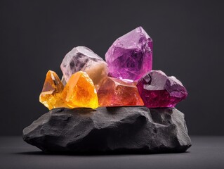 Colorful crystal cluster on dark stone