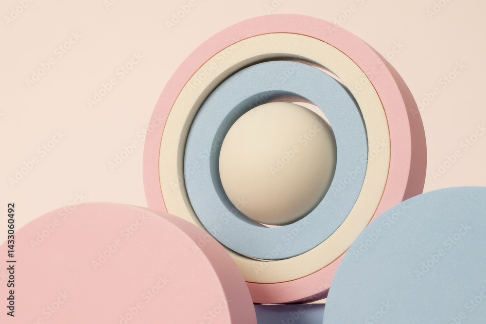 Poster minimalist geometric composition featuring soft pastel colors with central sphere in a calming setti
