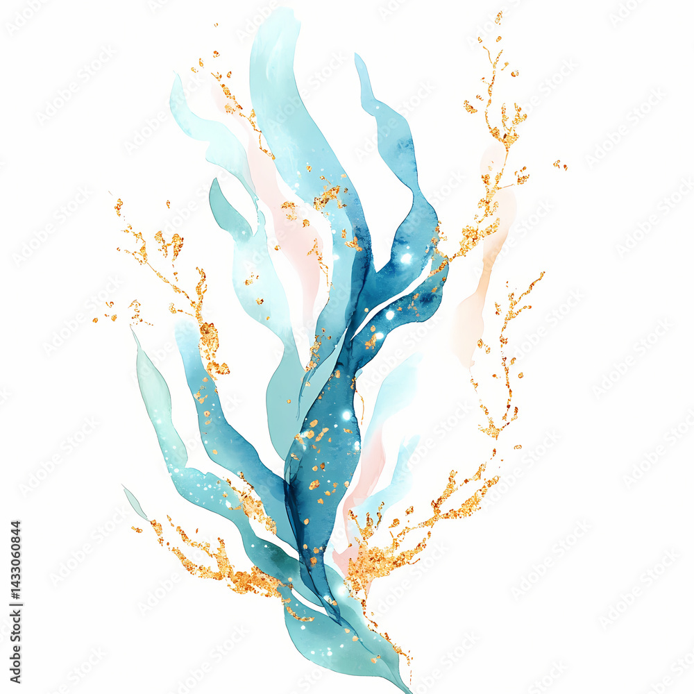 Poster flowing aquatic plants with shimmering details in soft colors generative ai