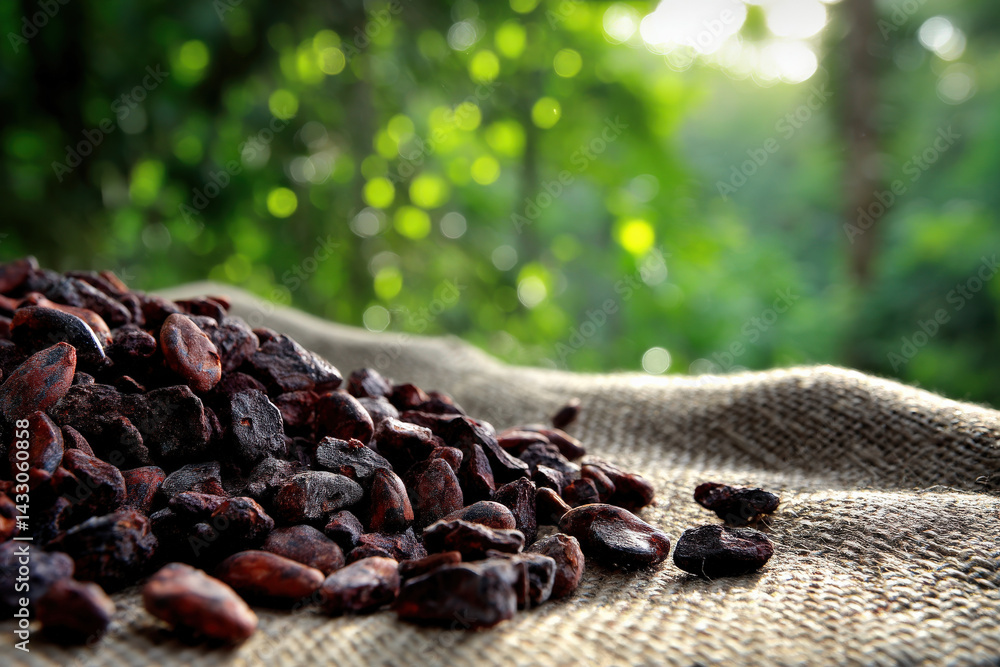 Aufkleber rich dark cocoa nibs scattered on a burlap cloth, with a blurred green background creating a lush, n
