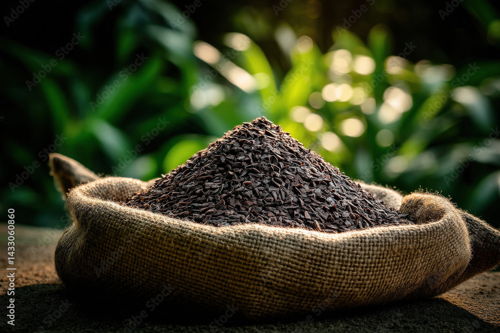Aufkleber rich dark cocoa nibs are piled high in a burlap sack, surrounded by lush green foliage and soft boke