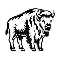 Monochrome Bison Wild Mammal Silhouette, Detailed Fur and Horns, Fauna Art