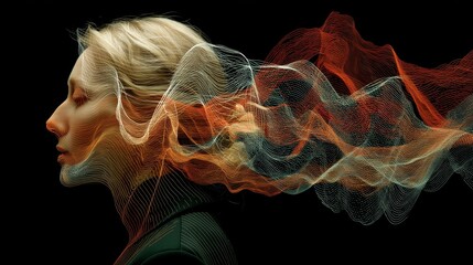 Woman looking at ethereal version of herself made from abstract sound waves, conceptual scene exploring identity, self-reflection, and human connection to audio frequencies