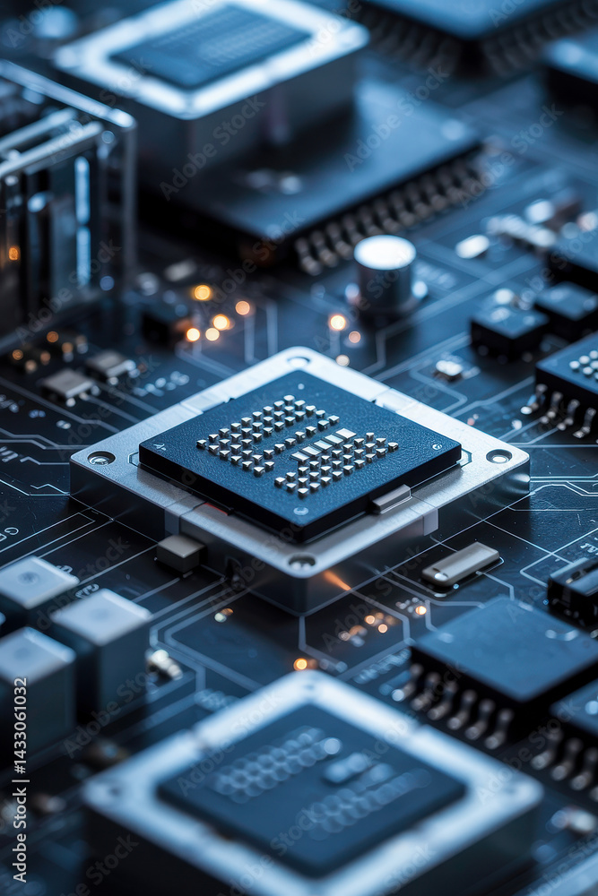 Aufkleber close-up of a high-tech microchip on a circuit board with glowing circuitry in a cool blue palette