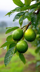 Fresh green avocados on a tree glisten with droplets of water, showcasing vibrant leaves and a soft-focus background that suggests a lush agricultural environment