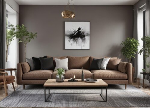 Chic living & dining area  Brown sofa, wooden table, black & white art on grey walls  Contemporary elegance ,  apartment,  grey walls,  house