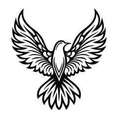 Black and White Bird Silhouette, Stylized Wings Outspread, Ornamental Feather Detail