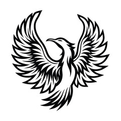Rising Phoenix Silhouette Mythical Bird Symbol with Spread Wings, Black on White
