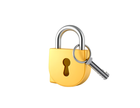 Golden Padlock with Key on Transparent Background
