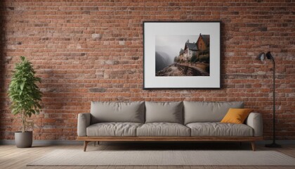 Cozy living room, poster mockup on brick wall with clips,  mockup,  warm