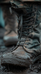Close-up of muddy military boots on rough terrain, symbolizing endurance, strength, and grit.