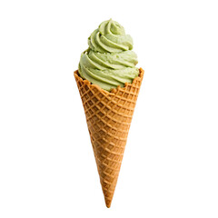 Delicious matcha ice cream in a waffle cone. PNG and transparent background