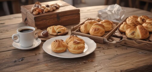 Fototapeta premium A rustic wooden table with a coffee and a box of pastries , wooden, coffee, sprinkles