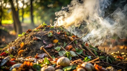 compost pile with natural materials, steam rising, earthy tones