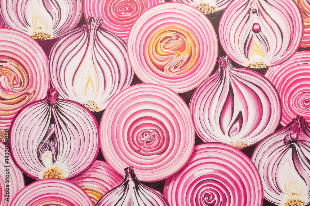 Poster vibrant close-up of pink onions in circular patterns with bold and playful colors