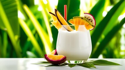 Refreshing coconut juice beverage garnished with tropical fruits like mango, kiwi, and dragon fruit, set against vibrant green background, perfect for summer enjoyment