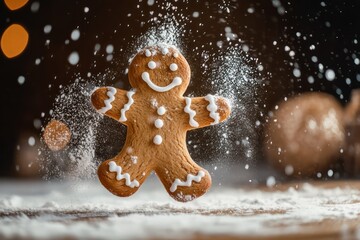 Dancing gingerbread cookie man in flour dust