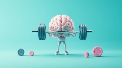 Cartoon brain with limbs lifting a barbell overhead, symbolizing mental strength and exercise, set against a solid teal background with additional weights on the ground." Let me.