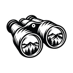 Black and White Binoculars with Mountain, and Forest Silhouette on White Background