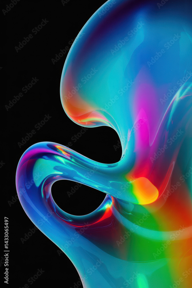 Poster abstract colorful fluid dynamics with vivid rainbow swirls and glossy finish against dark background