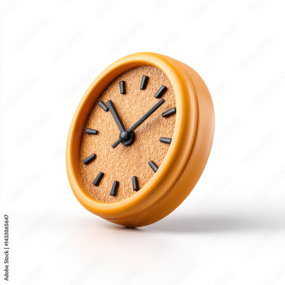 Poster a modern, round clock with a vibrant orange frame and textured face displaying black hands and hour 