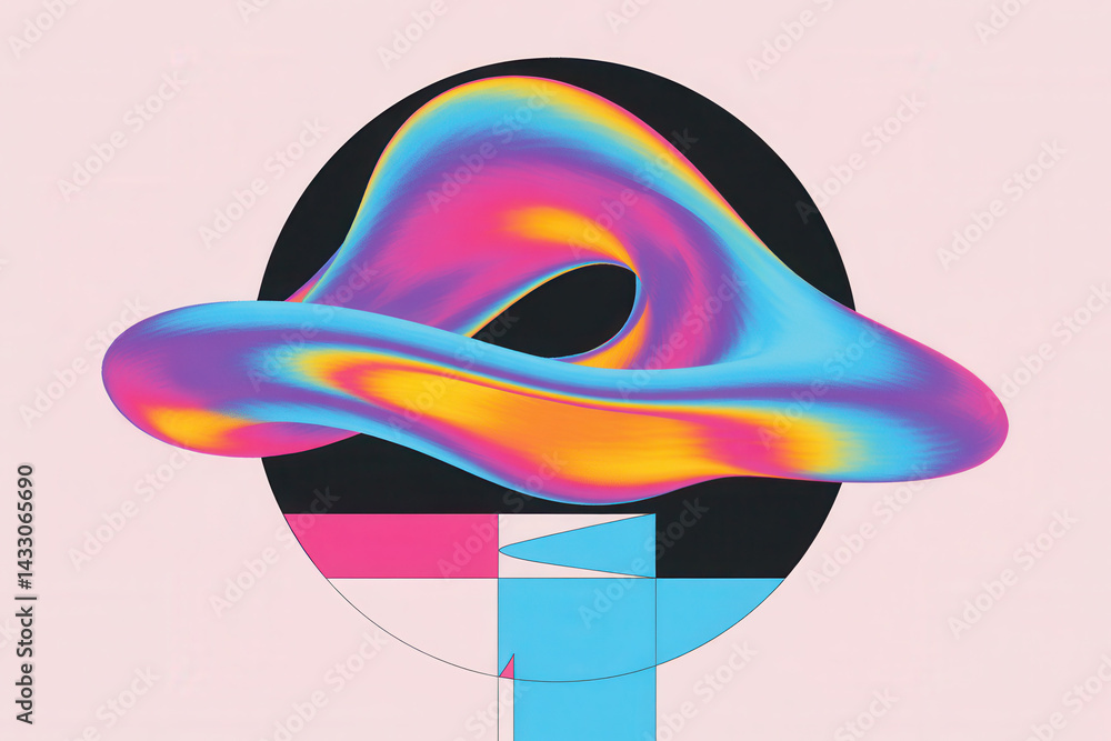 Aufkleber dynamic abstract wave with vibrant colors in a geometric composition against a soft pink background
