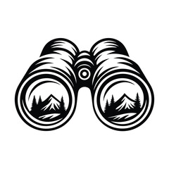 Binoculars with Mountain View, Black and White Monochromatic Design, Hiking, Adventure
