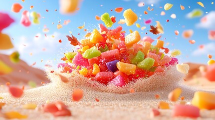 Colorful Candy Explosion in a Desert Landscape
