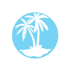 Palm tree silhouette in blue circle. Hand-drawn vector illustration. Palms on blue background