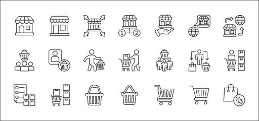 Online shopping icon set. Online store icon. Consumer and goods icons. Set contains symbol of marketplace, network branch store, front shop, shopping basket, trolley, goods stock. vector illustration