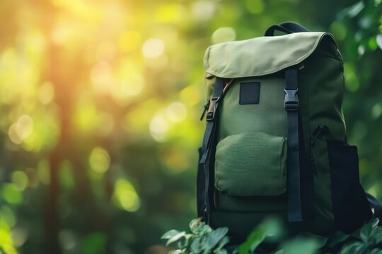 Green backpack mockup on nature background