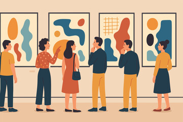 Fototapeta premium Art gallery visiting icons – flat style museum, culture, and exhibition symbols for art lovers: painting, sculpture, visitor, curator, abstract art, gallery, ticket, guide.