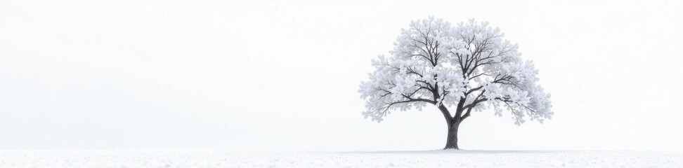 Single majestic tree with snow-white leaves against a pristine white background, frost, forest, evergreen