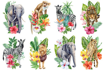 Watercolor African wild animals with tropical flowers and leaves, safari wildlife clipart, zebra elephant lion cheetah