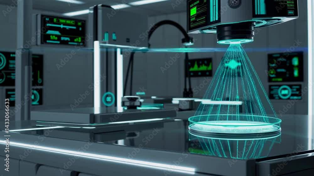 Poster high-tech display reveals data streams in futuristic laboratory setting with advanced digital interf