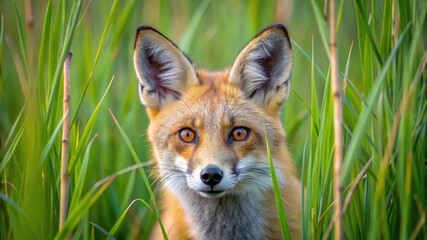 Obraz premium fox peeking from behind tall grass, ears and eyes focused, tension in posture